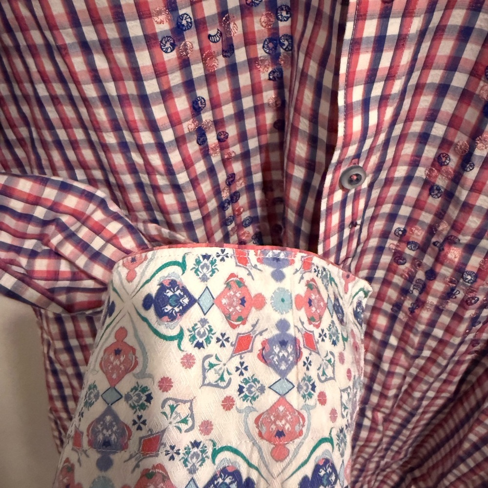 Robert Graham Dress Shirt Medium Classic Fit Red White Gingham Check Paisley - Picture 7 of 11